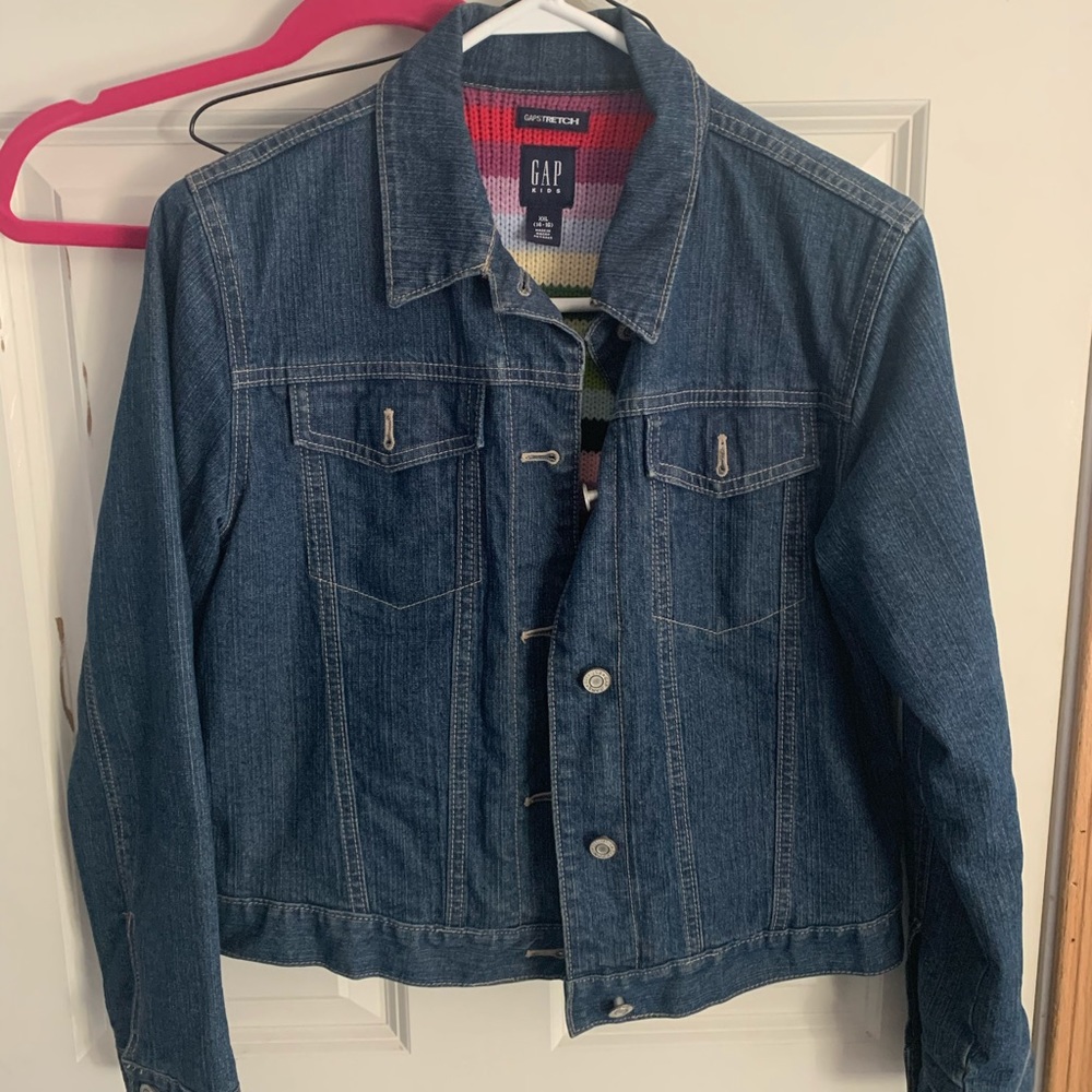 Adorable vintage looking denim jacket with rainbow